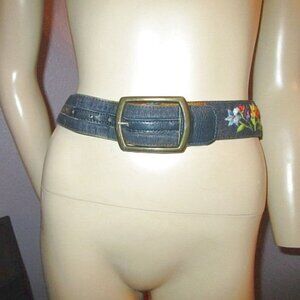 Swank Denim Belt Size 30 Embroidered Buckle Boho Floral Hippie Western 90s Y2K